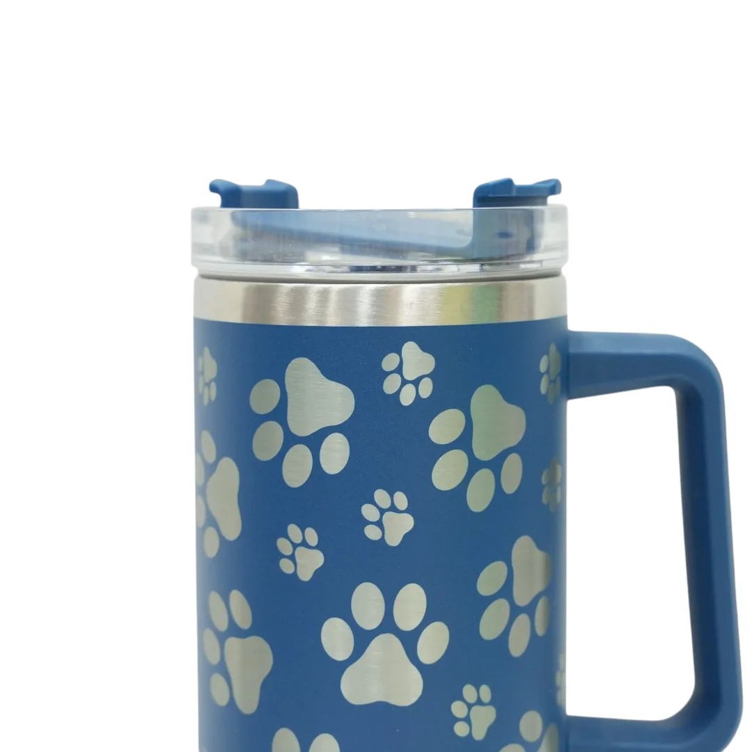Blue Paw Print Tumbler with Silver Prints
