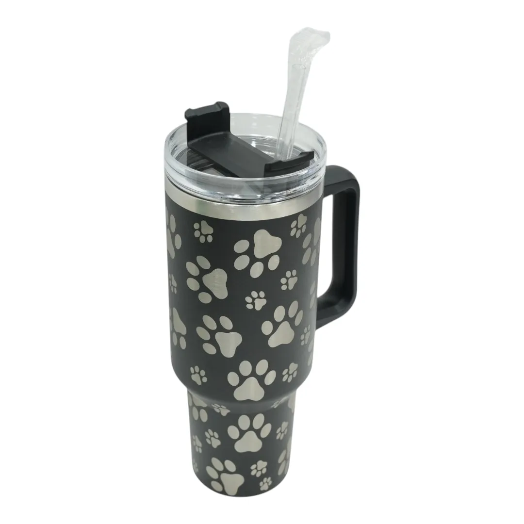 Black Paw Print Tumbler with Handle and Straw