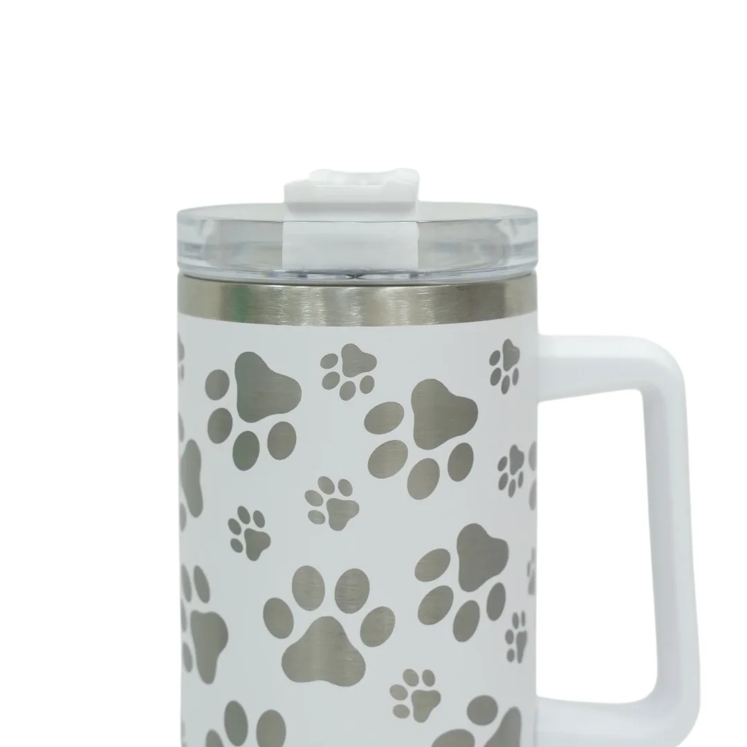 White Paw Print Tumbler with Handle and Straw