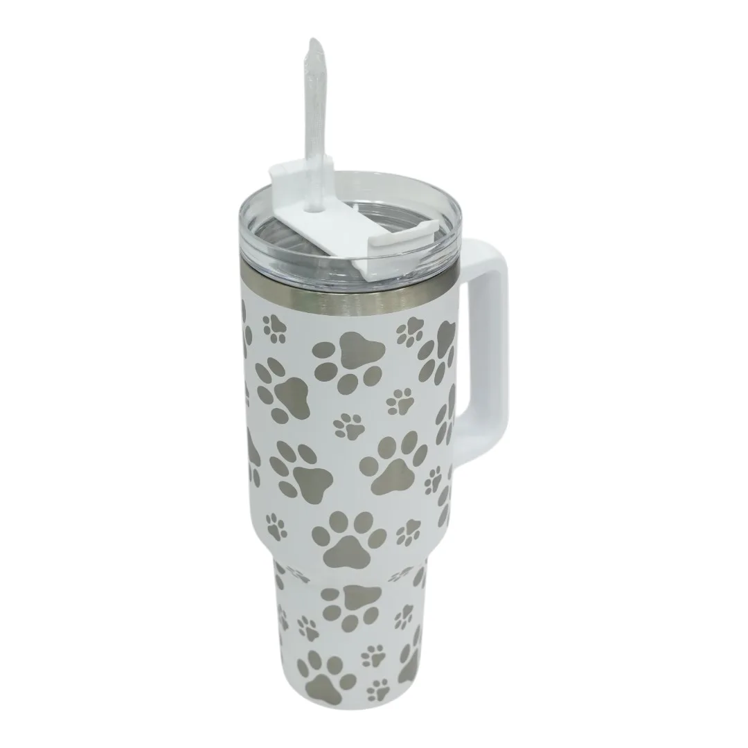 White Paw Print Tumbler with Handle and Straw